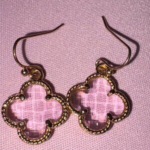 Pink Clover Drop Earrings- Gold and Glass‎